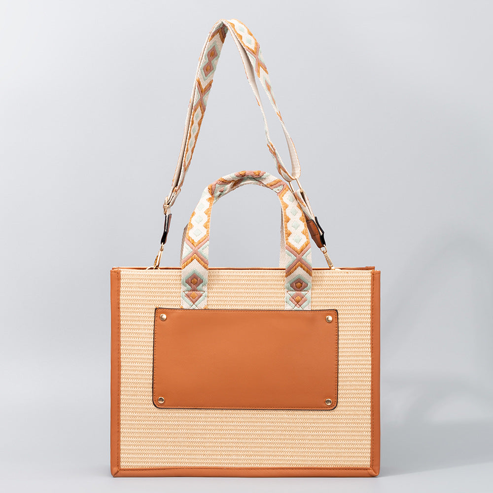 Straw tote bag, seaside vacation tote bag, large capacity beach bag, handbag contrasting color crossbody shoulder bag women with guitar belt