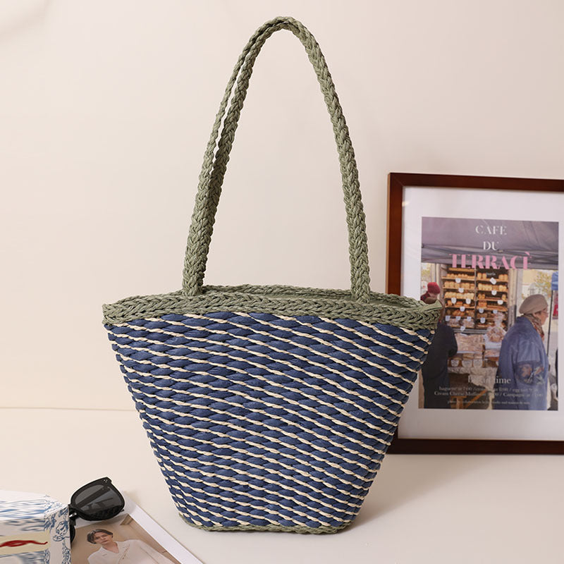 Special Interest Design Contrast Color One Shoulder Straw Bag Simple Twill Woven Tote Women Seaside Vacation Beach Bag