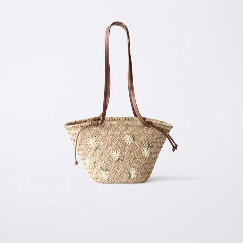 Fresh Floral Embroidery Shoulder Straw Bag Large Capacity Mitsubishi Straw Woven Bag Seaside Vacation Beach Bag