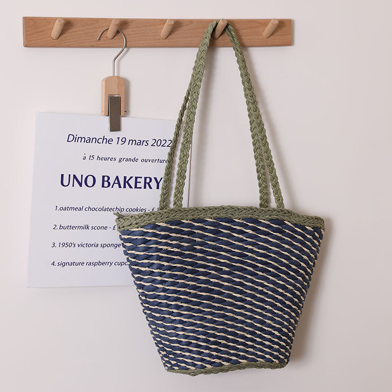 Special Interest Design Contrast Color One Shoulder Straw Bag Simple Twill Woven Tote Women Seaside Vacation Beach Bag