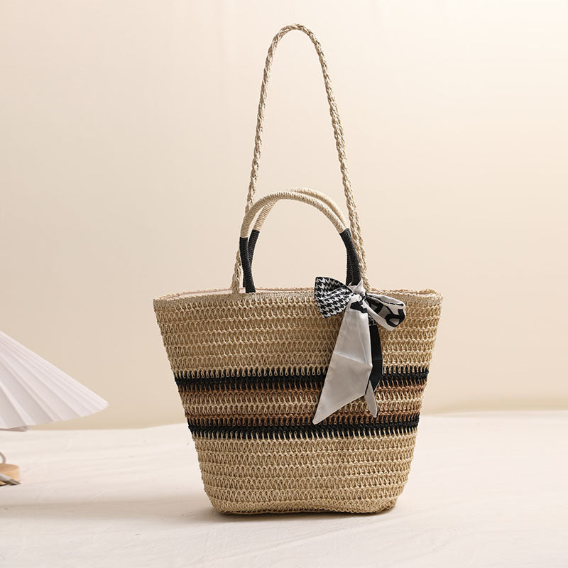 Striped Shoulder Straw Bag Silk Scarf Woven Tote Women Seaside Vacation Beach Bag
