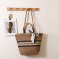 Striped Shoulder Straw Bag Silk Scarf Woven Tote Women Seaside Vacation Beach Bag