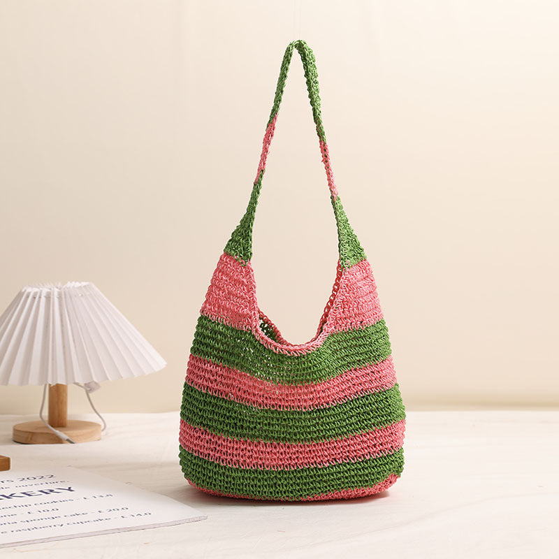 Large Capacity Striped Shoulder Straw Bag Hand Crocheted Straw Bag Woven Bag Seaside Vacation Beach Bag