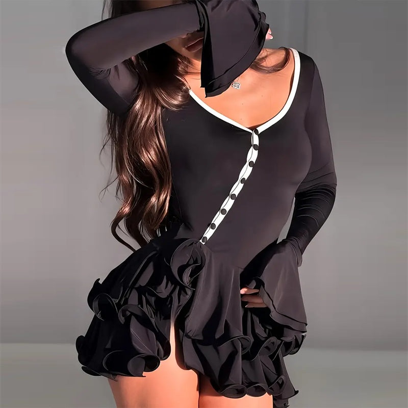 Deep V-Neck Ruffle-Hem Flared-Sleeve Mini Dress — Button-Front Bodycon